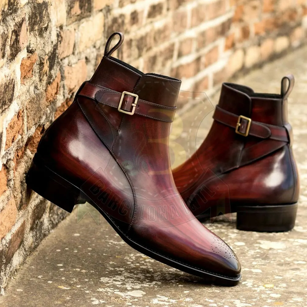 Men High Top Boots Leather With Inner Zip Metal Top Flat Monk Strap