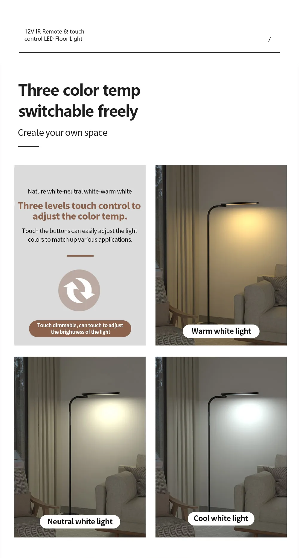 12vLED Floor Lamp，With Infrared Remote Control and Touch Control Adjustable Brightness Energy Saving Modern Design Floor Lamp