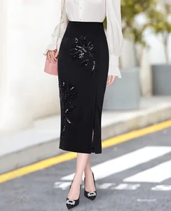 2026 Exquisite Fashionable Heavy Sequin Embroidery Slimming High Waist Drape Slit High Waist Hip Mid-length Skirt Fishtail Skirt