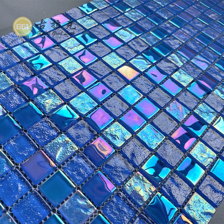 Iridescent Crystal Shining Blue Glass Swimming Pool Tile Mosaic supplier