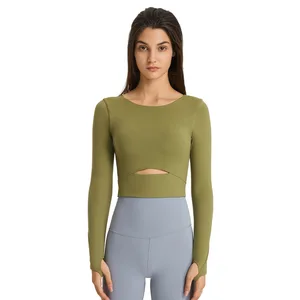 New Style Yoga Long-sleeved Tops with Chest Pads for Women, Waist-exposing Short Sexy Running Sports Fitness Clothes