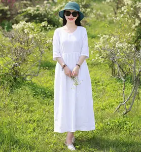 Natural Women's Plus Size Summer Casual Linen Maxi Dress Vintage Design V-Neck Long Sleeves Loose Fitting Solid Pattern Dress