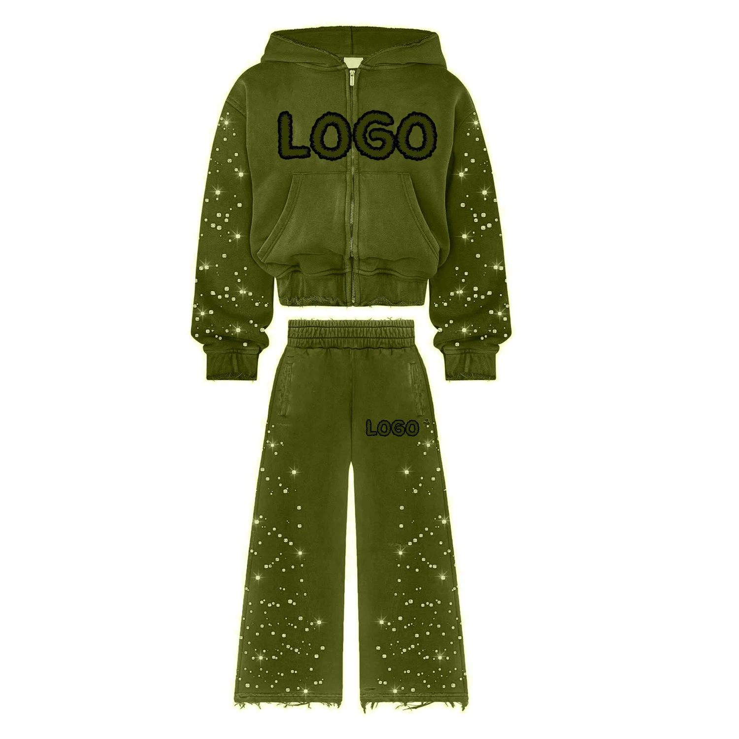 Custom Men's Distressed Embroidery Acid Wash Applique Heavyweight Cotton Jogging Warm Winter Tracksuit For Men's