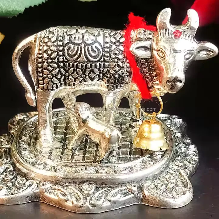 Handcrafted German Silver Kamdhenu Cow with Calf Oxidised Design Perfect Religious Gift for Homes Offices