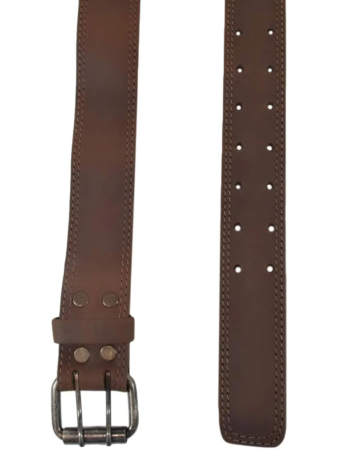 Two Row Stitch Reinforced Leather Belt Double Prong Buckle