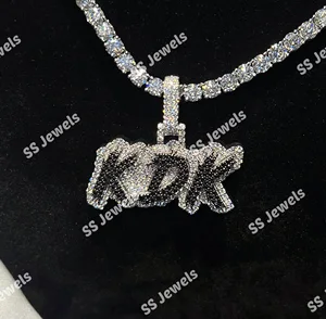 SS Jewels SS488 925 Silver Pendant Black Moissanite Diamonds Personalized Name Charm Necklace Iced Rhodium Plated Statement Hip