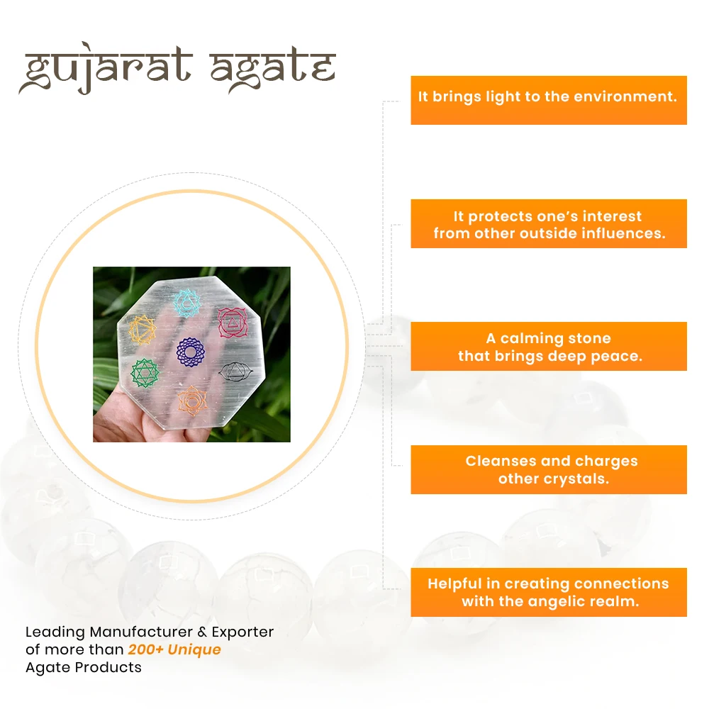 Top Manufacture 7 Chakra Symbols Engraved Selenite Plate With Reiki