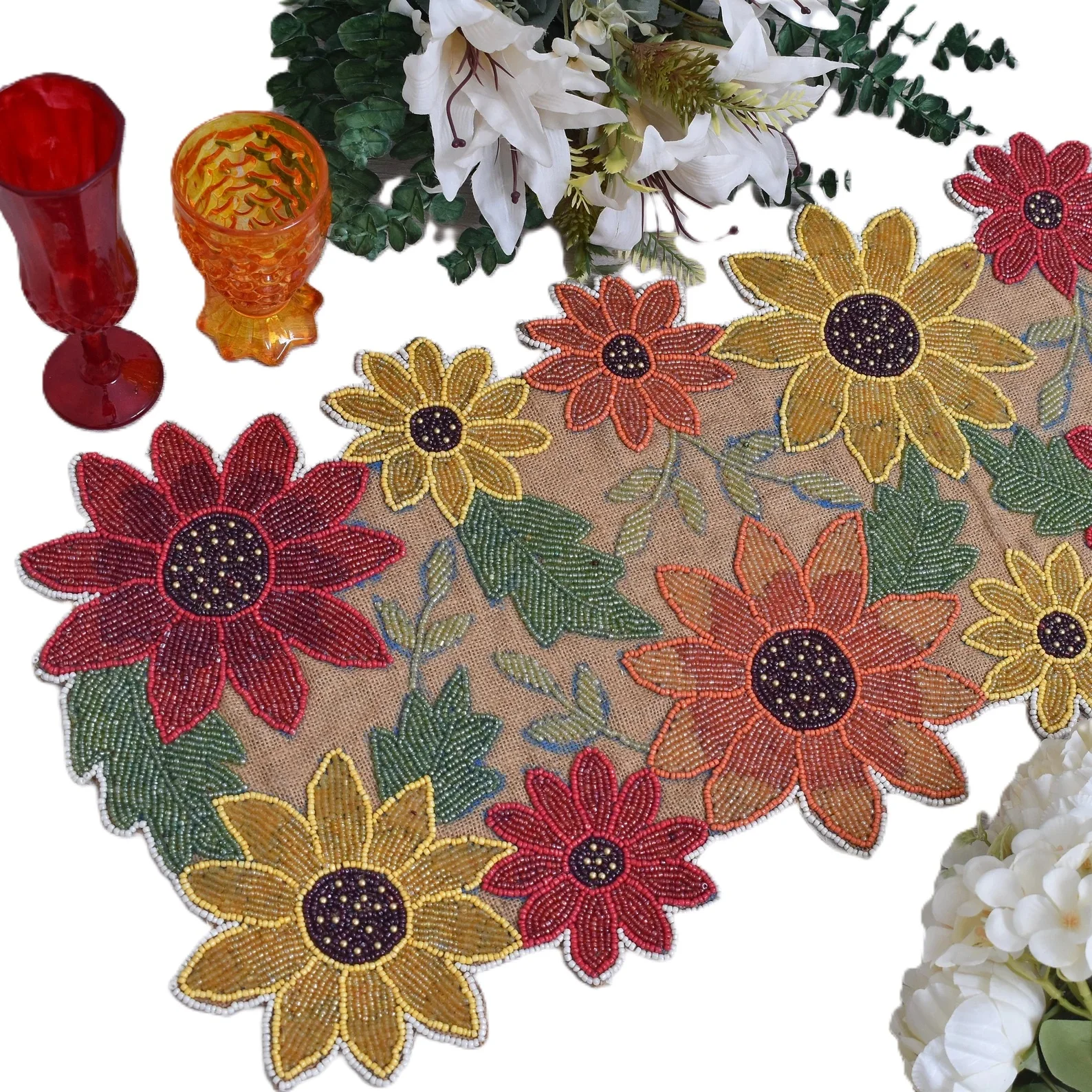 Custom Color Beaded Work Embroidery Table Runner Floral Design for Dining Jute Material Weddings Home Hotels Parties Low Price