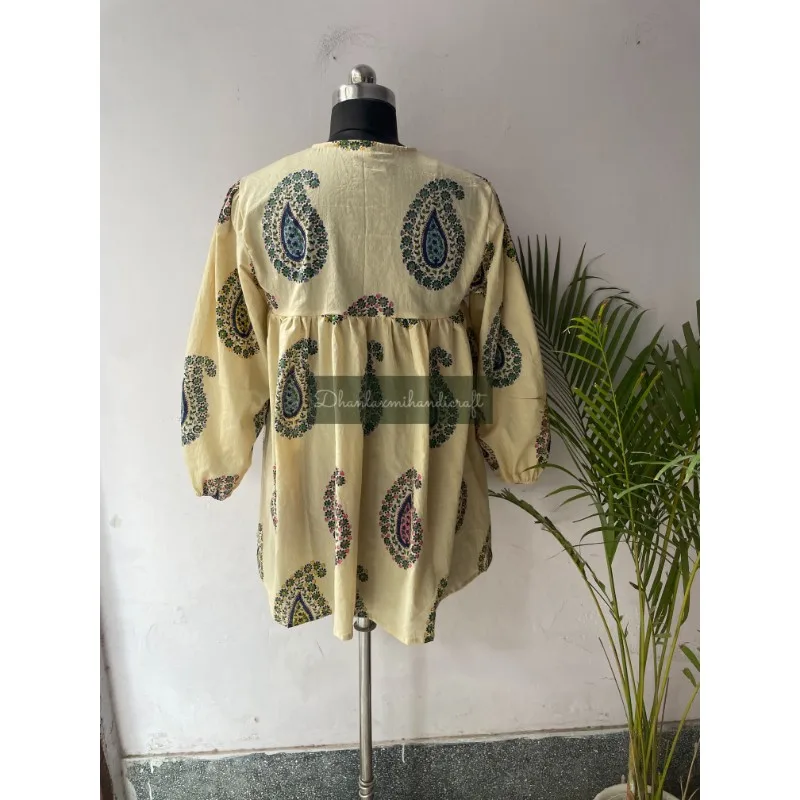 Hand Block Print Cotton Summer Mini Top Dress Hand Stitched Paisley Print Women's Beach Dress Casual Wear Top Ladies Blouse