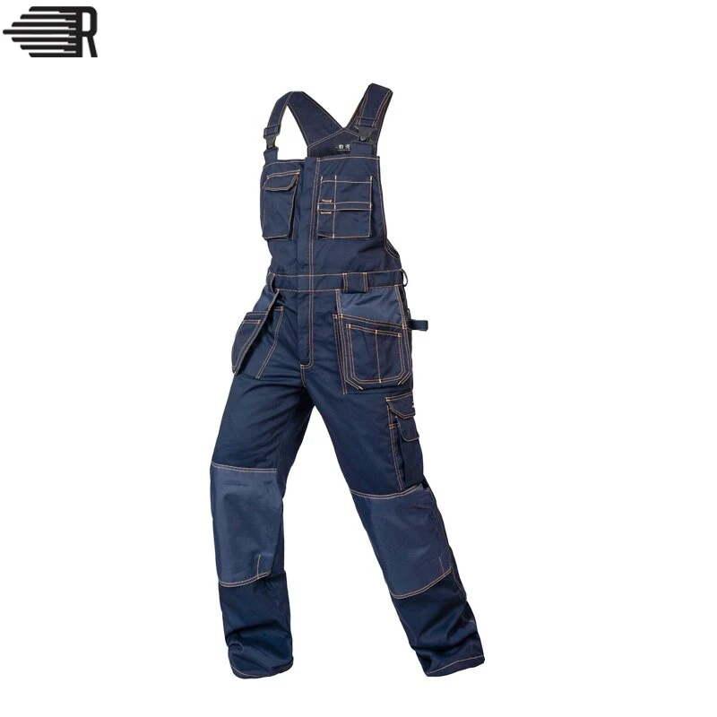 Heavy Duty Work Bib And Brace Overalls With Knee Pads Pocket Dark Blue Work Wear Craftsman Bib