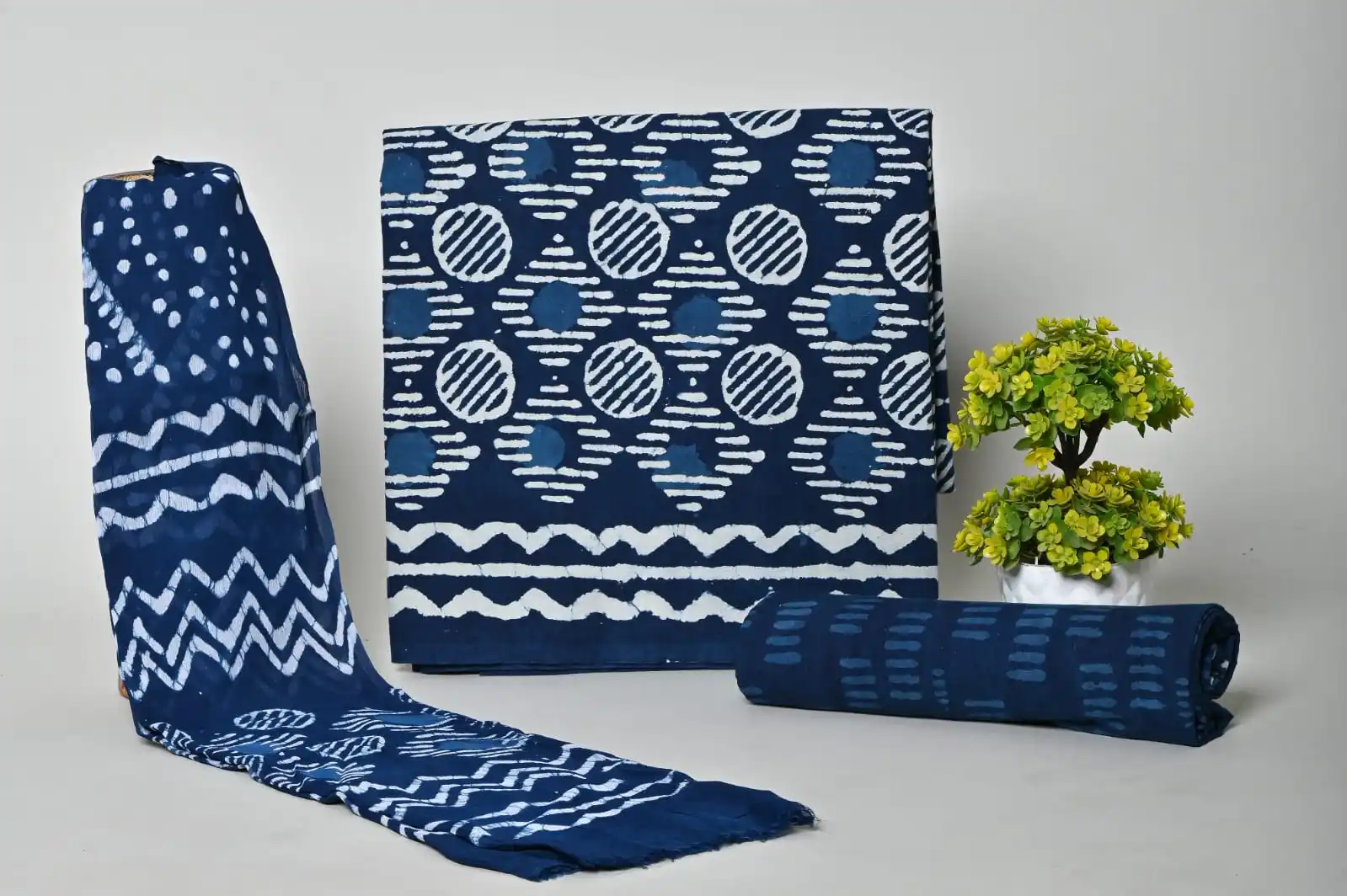 Custom Made Royal Blue Coloured Ikat Print Silk Screen Printed Cotton Fabric for Making Clothing and for Use As Home Textiles