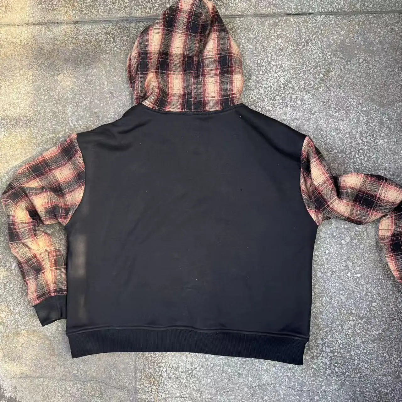 Clothing Manufacturers Custom French Terry 100% Cotton Plaid Patchwork Color Block Zip up Hoodie Jacket for Men gallery 4