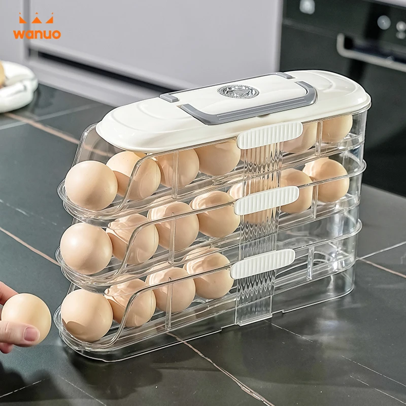 Wanuo Otomatik Sarımlı Yumurta Tutucu Tek Sıralı/Çift Sıralı Yumurta Tutucu Alttan Kulp ile Buzdolabı Yumurta Organizatörü