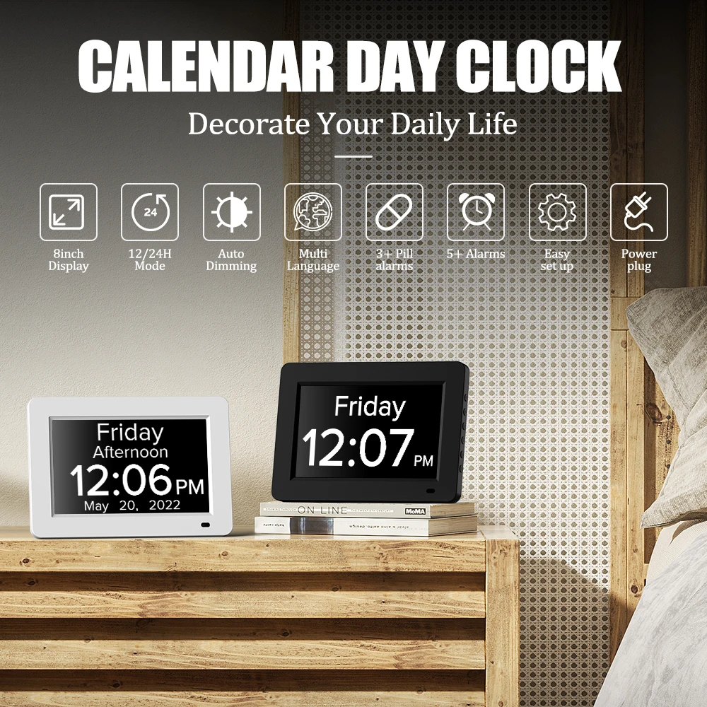 CHEETIE CP047 LCD Big Screen Electronic 8 Inch Multi Language Dementia Calendar Alarm Table Clock With Stand