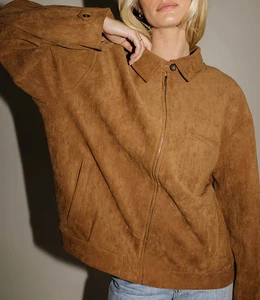 Brown Faux Suede Zip up Shirt Collar Jacket Oversized Casual Outerwear Soft Micro Suede Fall Jacket Custom Logo Color Fabric