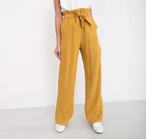 Mustard Yellow Solid Linen Relaxed Pant Clothing Manufacturers Wholesale Custom New Design Women High Waisted Pant Women