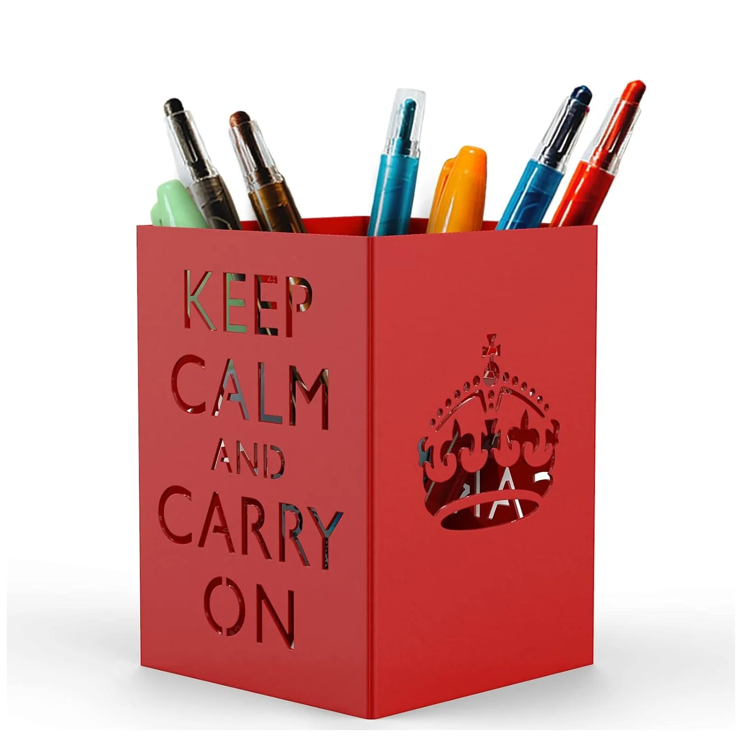 Customized Text Red Color Metal Pen Holder Best for Offices With Sizes of 8D X 8W 11H Centimeters