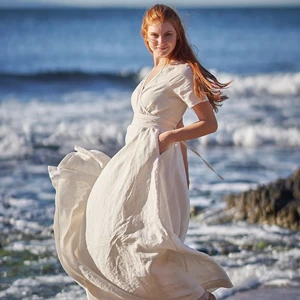 Plus Size Linen Maxi Dress Boho Kaftan Wrap Wedding Dress Victorian Style Plain Dyed V- neck Short Sleeve Dress Woven Clothing