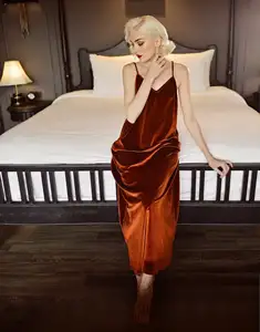 Trendy Deep Brown Maxi Dress Women V-neck Sleeveless Natural Waist Plus Size Solid Velvet Woven Weaving Plain Dyed Pockets