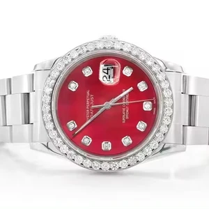High Quality Luxury Automatic Stainless Steel Red Dial Mechanical Watch with Full White Moissanite Bezel Iced Out Unisex