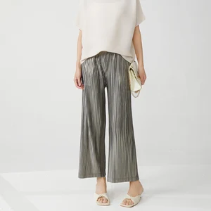 High Quality Miyake Pleated Pants Solid Color Design Casual Wide Leg Pants Free Size Stretch Ladies Fashion Pants