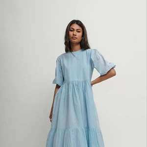 Cotton Maxi Dress Cotton Maxi Dress, City Sky Blue Tiered and Layered Dress with Pockets Comfortable Maxi With Long Sleeves