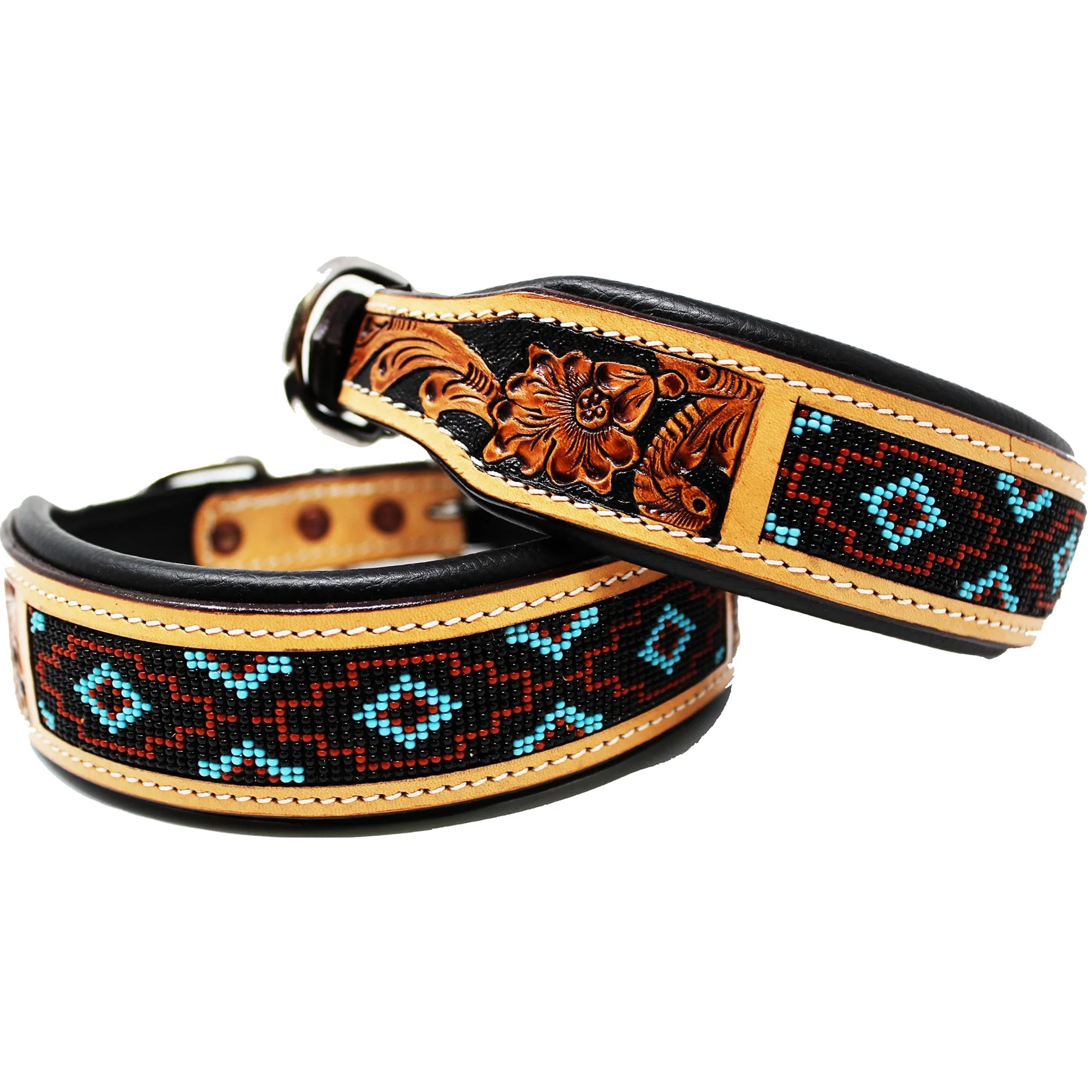 Beaded Cow Leather Western Style Dog Collar With Floral Hand Tooled
