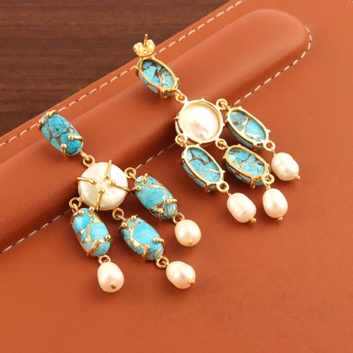 Fashion Big Dangle Drop Earrings Natural Pearl & Copper Turquoise Multi