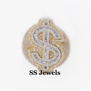 Men's Custom Made Hip Hop Bustdown Pinky Ring 925 Silver Rhodium Plated Channel Set Brilliant Cut Moissanite Money Dollar Ring