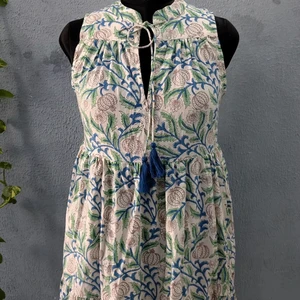 Hand Block Print Cotton Dress Women Cotton Summer Dress Sleeveless Mandarin Collar Floral Print Long Maxi Gown For Women
