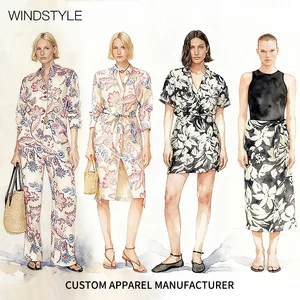 ODM/OEM Casual Dresses for Women Print Design Long Dress Knee-Length Lace-up Waist Collar Long Sleeve Casual