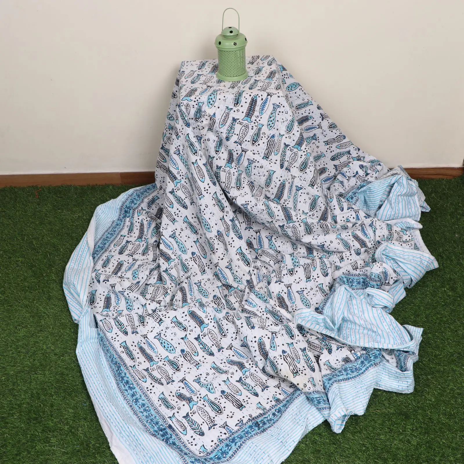 Синий цвет постельного белья Комплект в индийском Реверсивный покрывало нестандартной конструкции кантха