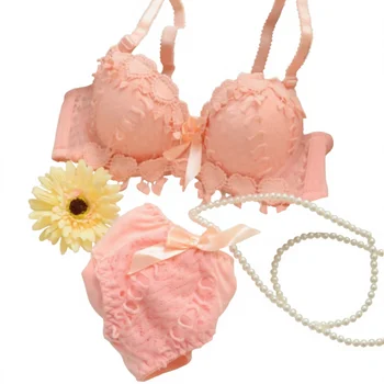 Women's Cute Lace Underwire Push-Up Bra and Brief Set with Waist Logo Everyday Wear
