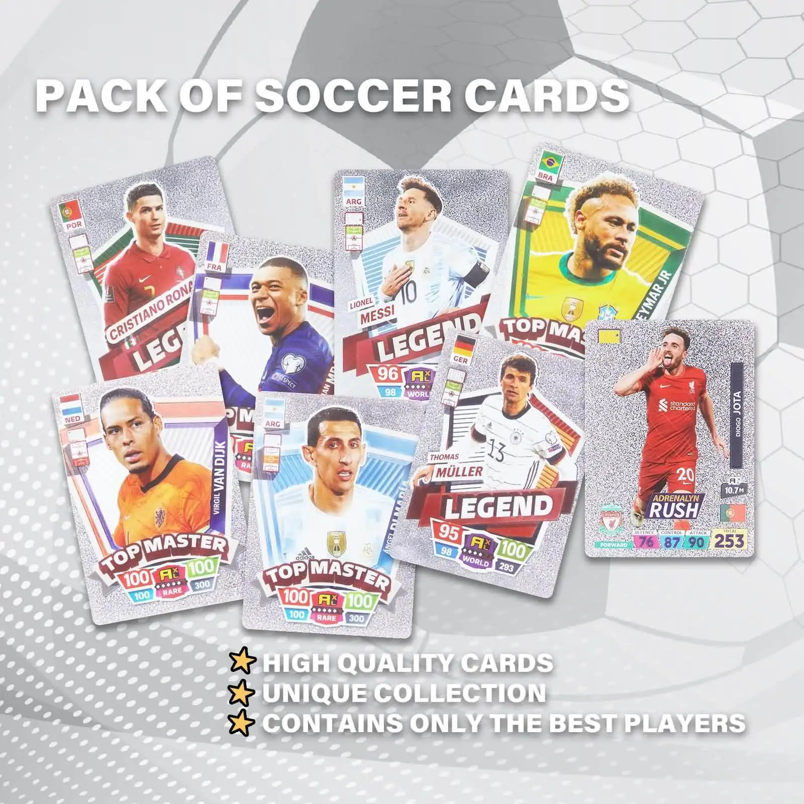High Quality Football Soccer Trading Cards Star Player Cards League Themed Colorful Foil PVC  Waterproof Cards