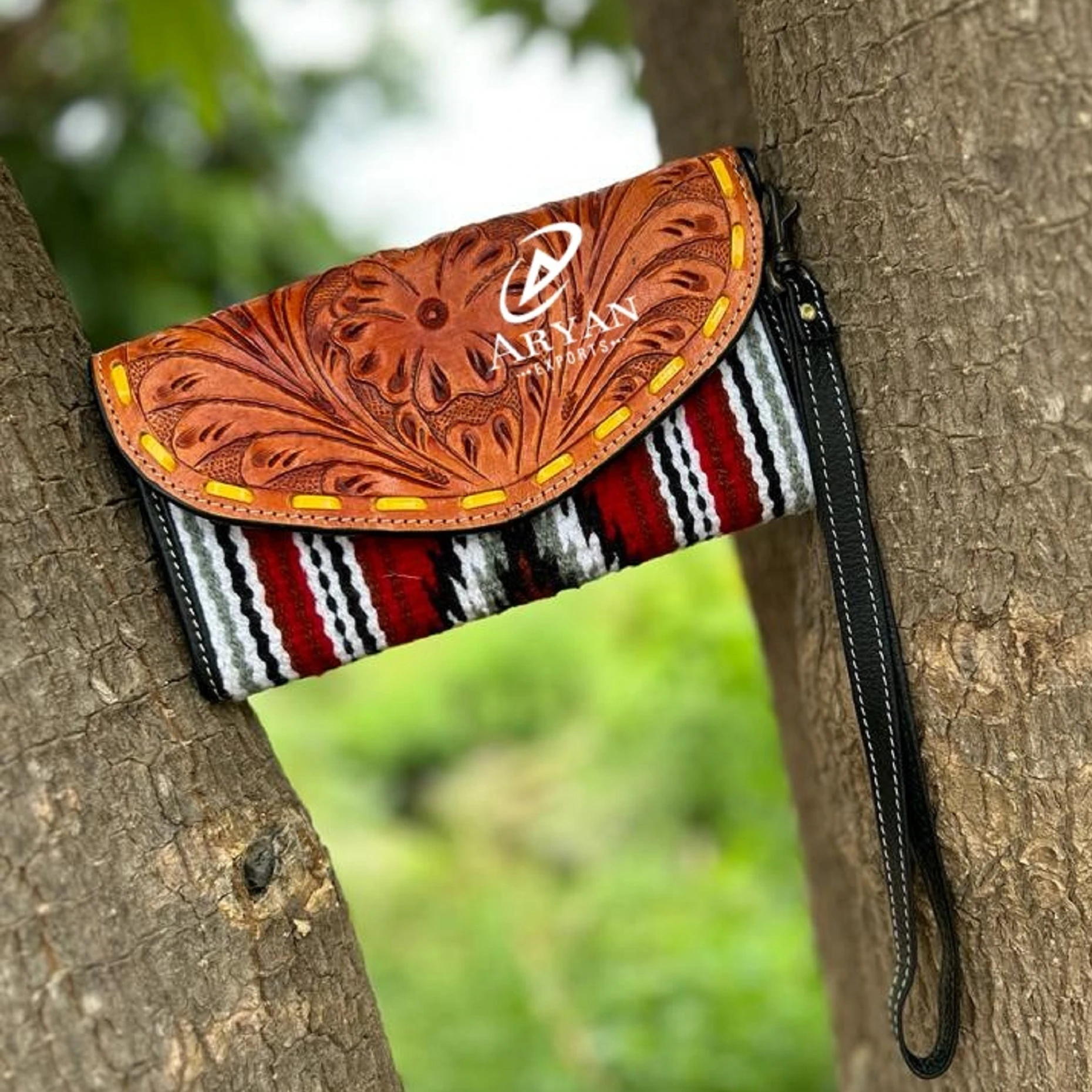 Handmade Aztec Tooled Leather Clutch Stylish Women Saddle Blanket