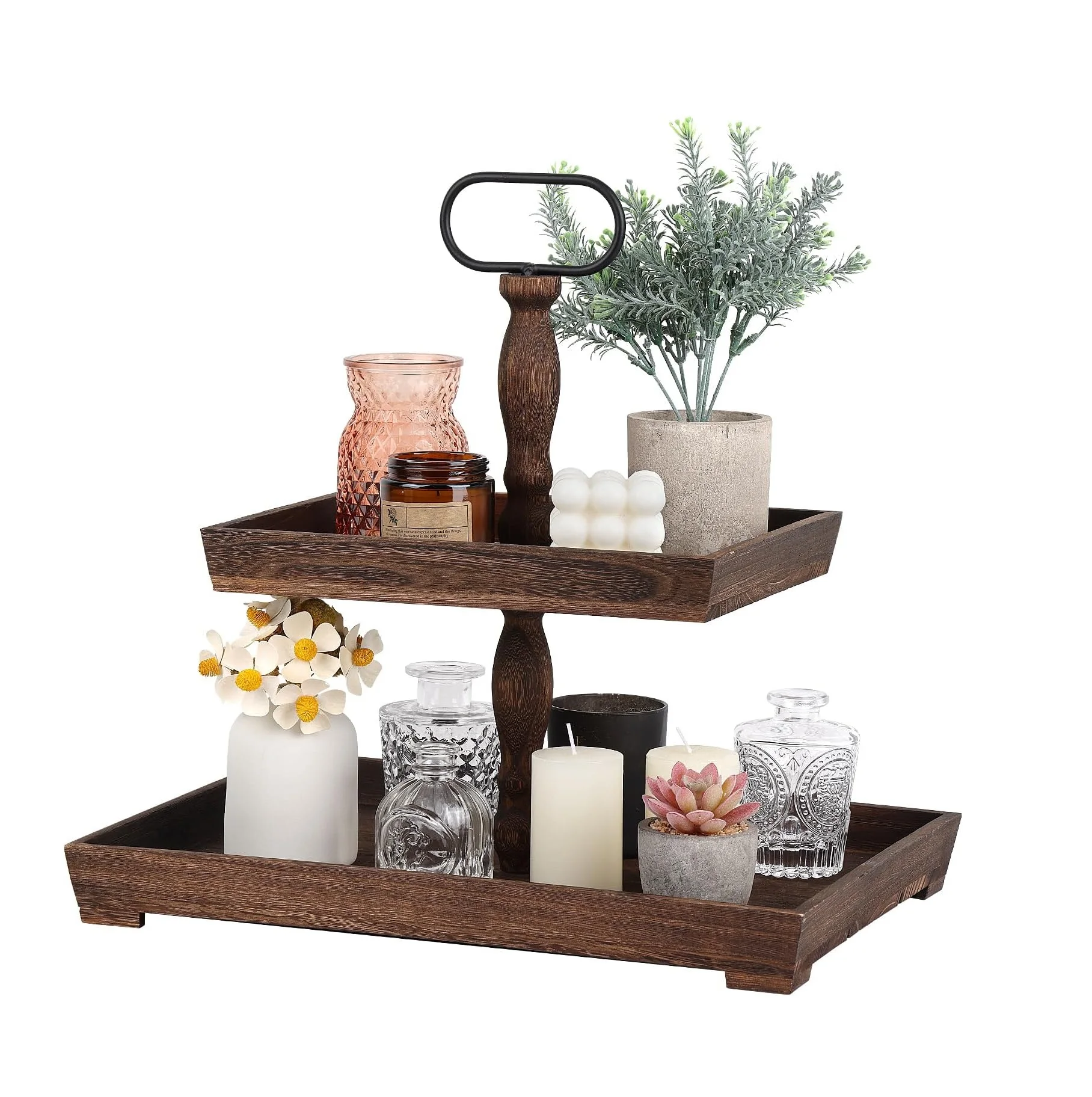 Tiered Tray Stand Farmhouse Decor Two Tray Decorative Wood Tray for Home Kitchen Cakes Dessert