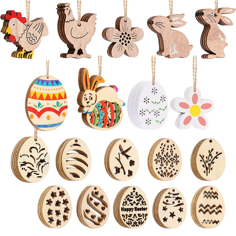 Hand-Painted 3D DIY Wooden Easter Egg Pendants for Home Decoration Children's Engraved Baby Tu Crow for Party Atmosphere