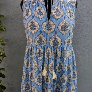 Women's 100% Cotton Summer Sleeveless Mandarin Collar Floral Print Dress Hand-Block Printed Maxi Tier Dress