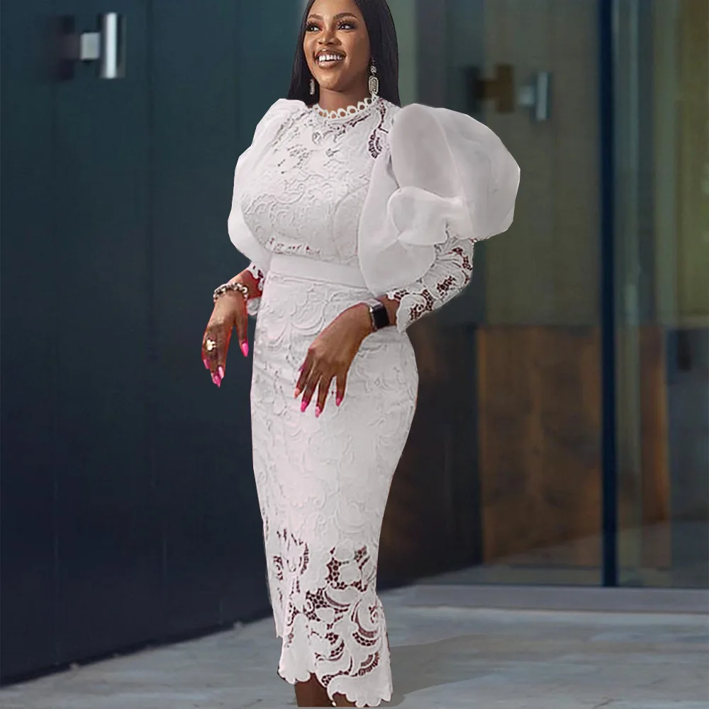 Shop See through Puff African Lace Fabric Robes for Women