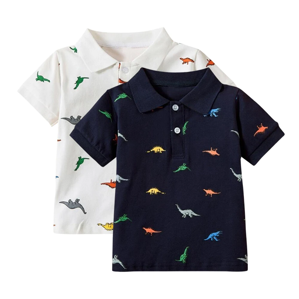 Boy's Cotton Dinosaur Print Polo Shirt T-shirt Blouse Solid Color Short ...