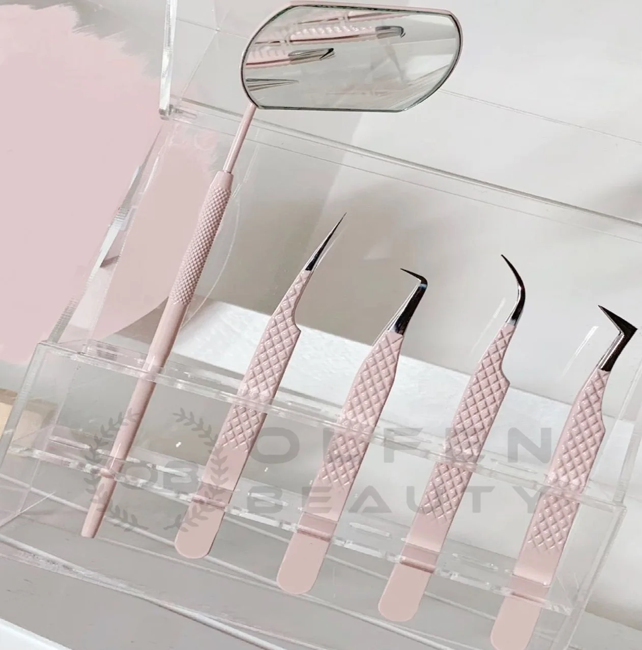 Hot Sale Baby Pink Eyelash Tweezers Set Fiber Tip Fine Grip With