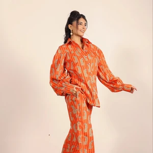 Orange And Multi Leopard Print Oversized Long Shirt And Wide Legs Pant 100% Cotton Indo Western Co-ord Set New Casual Fashion