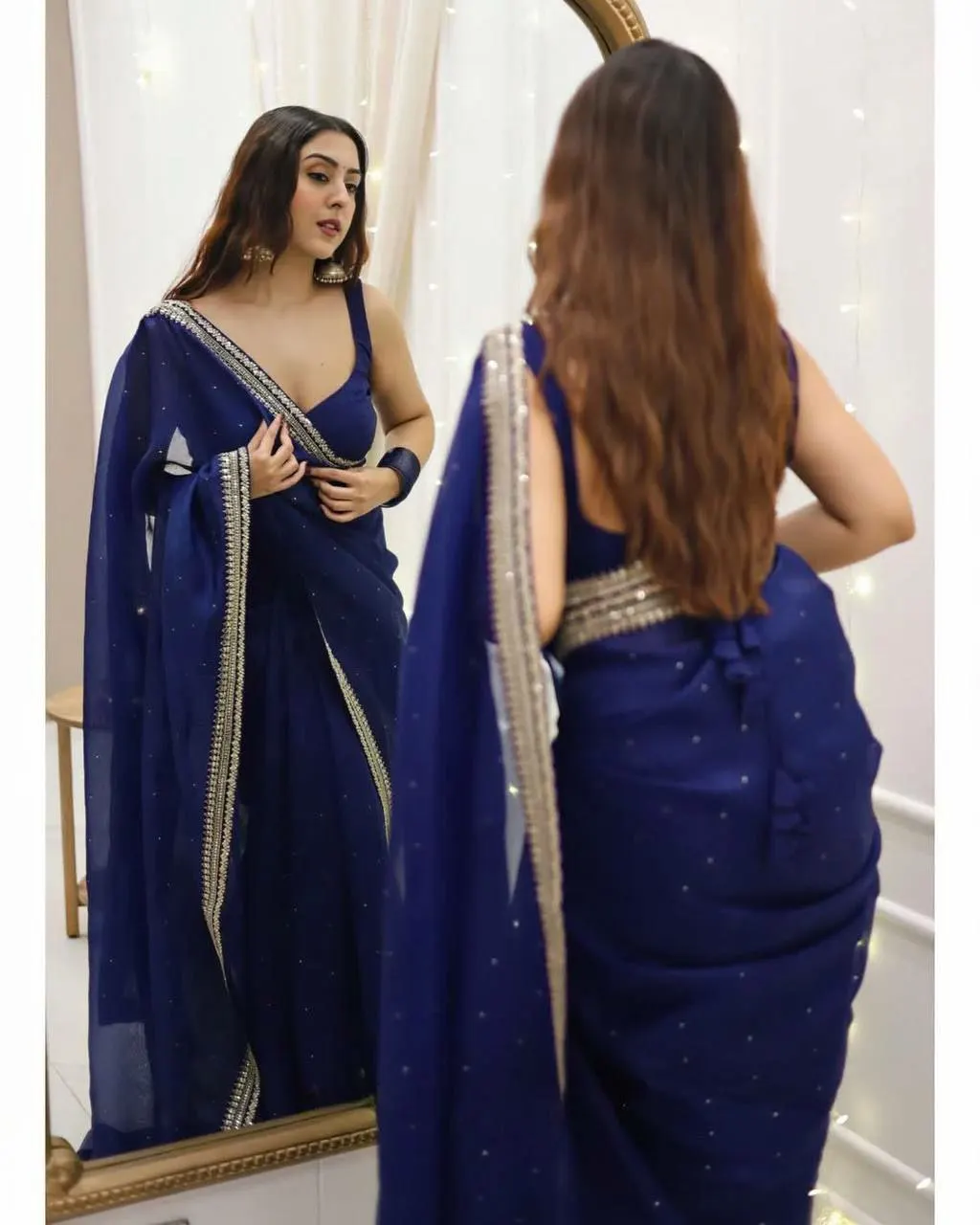 Classy& Pretty Look Hit Design Fashion Multi Stone& Mirror Work Bright Color Lace Border Saree& Blouse