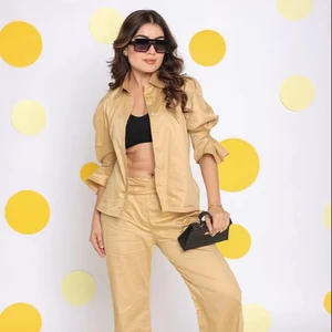 Beige Solid Western Co-ord Set Relaxed Shirt and Pant With Waist Tie up Belt and 2 Pockets Available Big Size At Wholesale Price