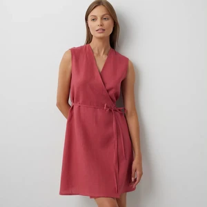 High Quality Linen Bust Fitted Short Mini Wrap Dress for Women Rust Solid Print One Piece Natural Best Finishing Product