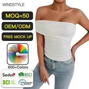 Summer Fashion Woman Top Mesh Fabric Slim Collarless Strapless Design Casual Print Logo Embroidery Single Shoulder