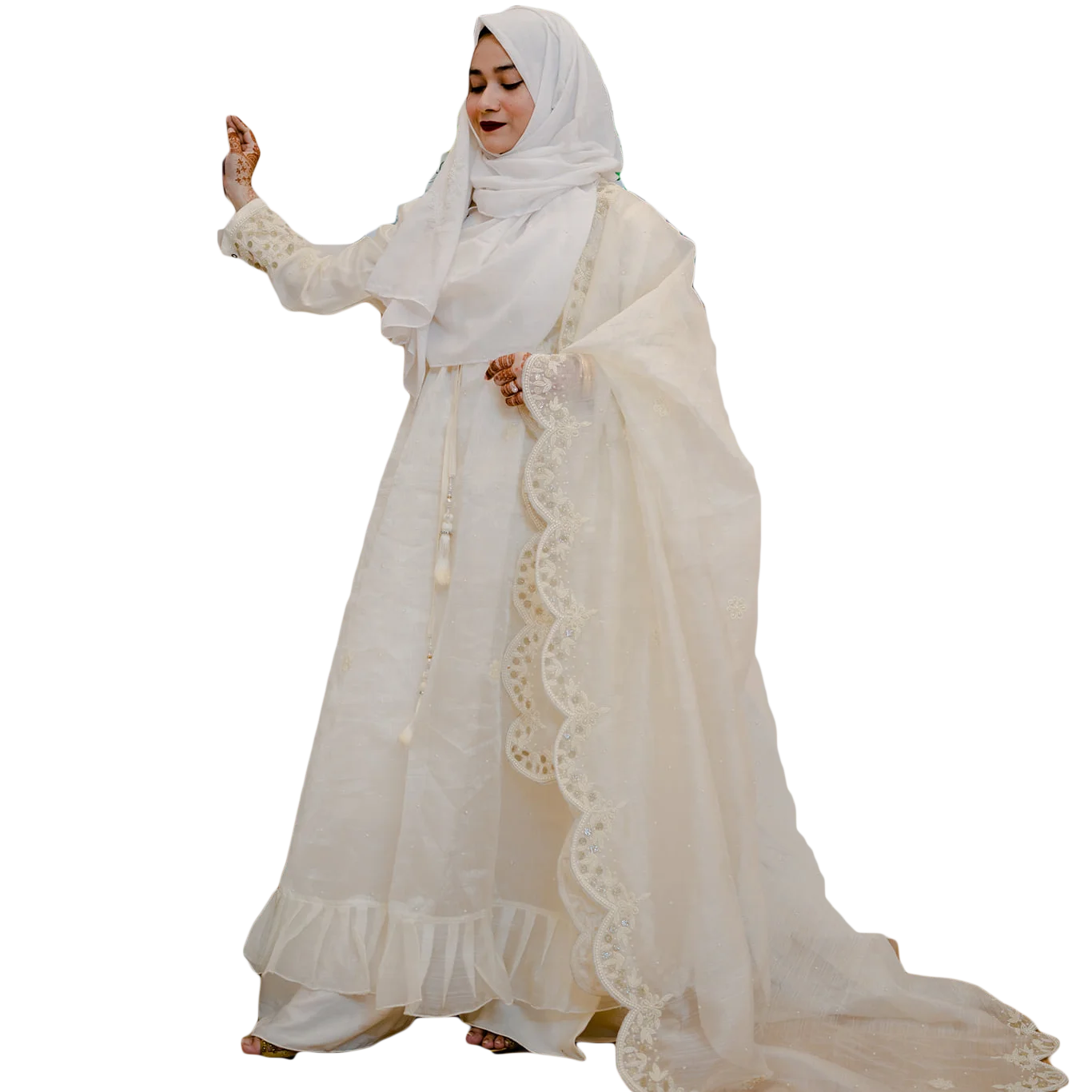 Islamic Modest Wedding Dress For Women White Color Pearl Stone Long Sleeve Arab Turkey Dubai 