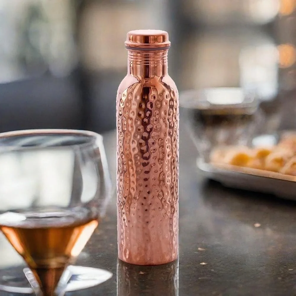 Best Quality Pure Copper 1000ml Leakproof Lid Vacuum Insulated Water Bottle Tumbler Set Hammered Ayurvedic Eco-Friendly Handmade_voghion.com