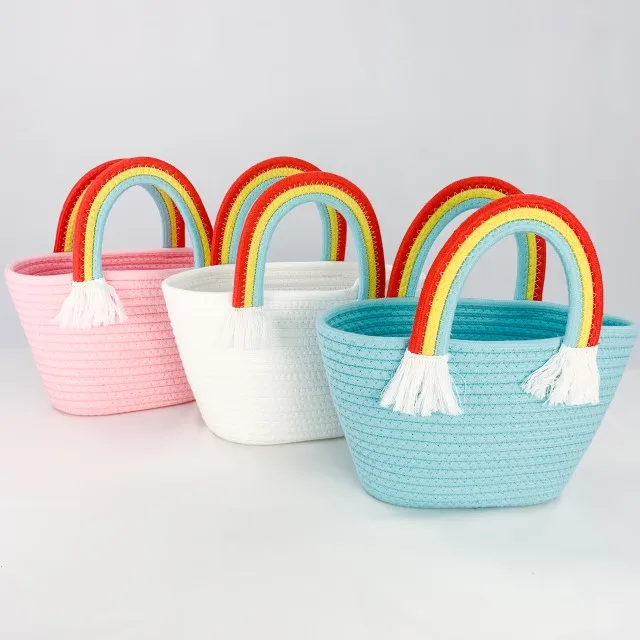 Woven Basket With Rainbow Handle Portable Reusable Storage Basket Cotton Rope Handbag With