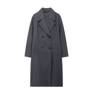 Autumn Winter Women's Casual Double-Breasted Long Coat with Turn-Down Collar Woolen Fabric & Cotton Lining